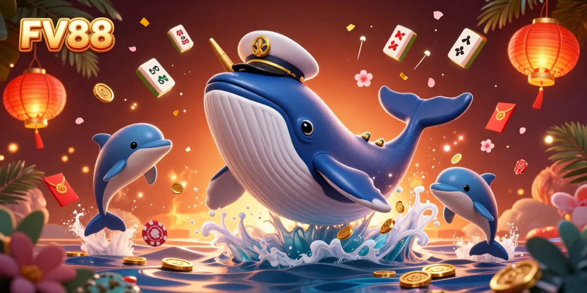 Engage with FV88's exciting casino experience featuring a whimsical ocean scene of a whale, narwhal, and dolphins.