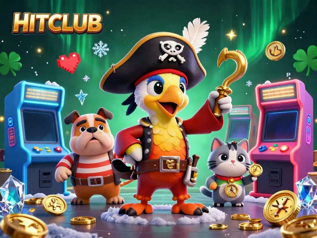 Experience thrilling HITCLUB casino adventures with a vibrant 3D cartoon scene featuring excited characters amidst colorful gaming elements.