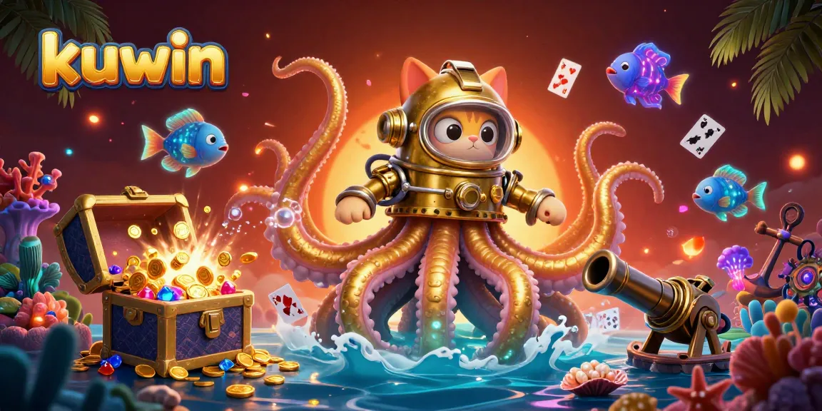 Kuwin experience with a colossal kraken, diving cat, and treasure in an oceanic scene.