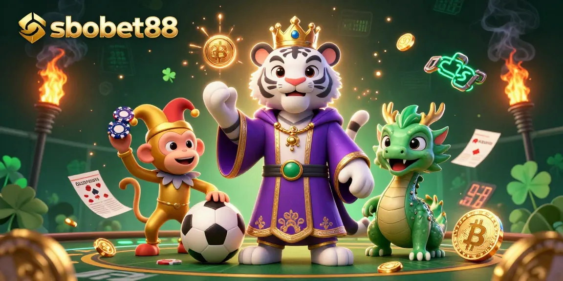 Engage with sbobet88 at the vibrant sports betting scene featuring a royal tiger and playful jester.