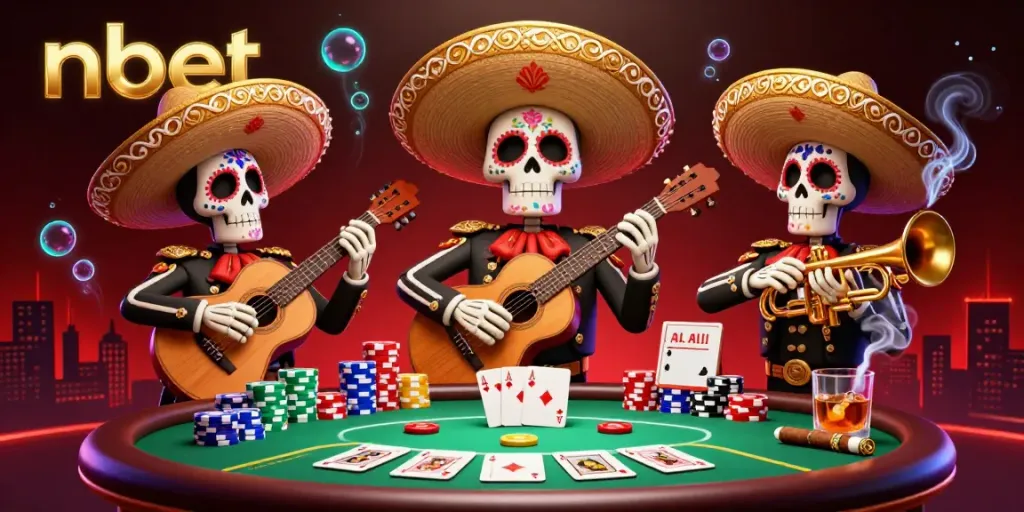 Experience the vibrant nbet gaming scene with a lively mariachi band amidst poker excitement and stunning visual details.