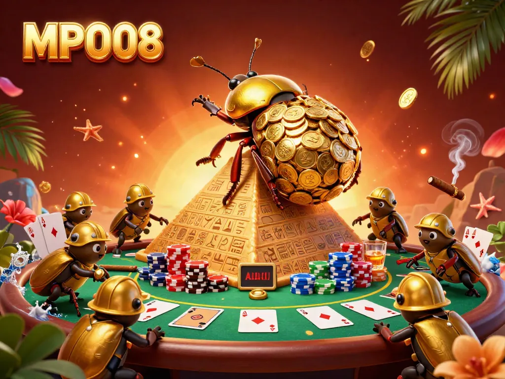 Experience endless fun at MPO08 with golden coins and poker chips in a vibrant casino illustration.