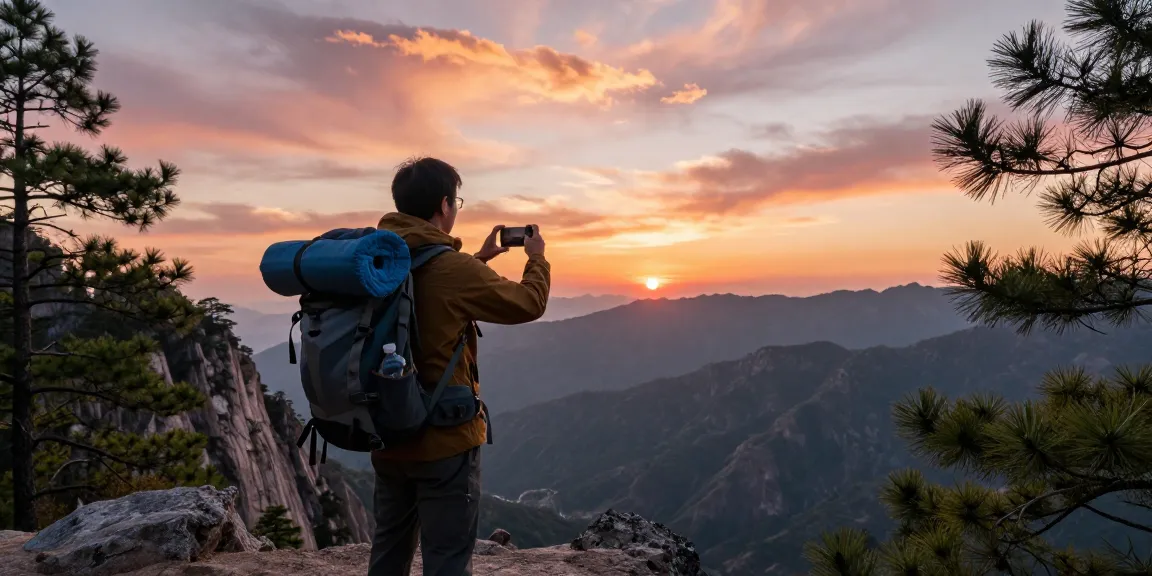 Vista de un viajero disfrutando del atardecer, mostrando el etb teléfono como parte de su equipo de aventura.