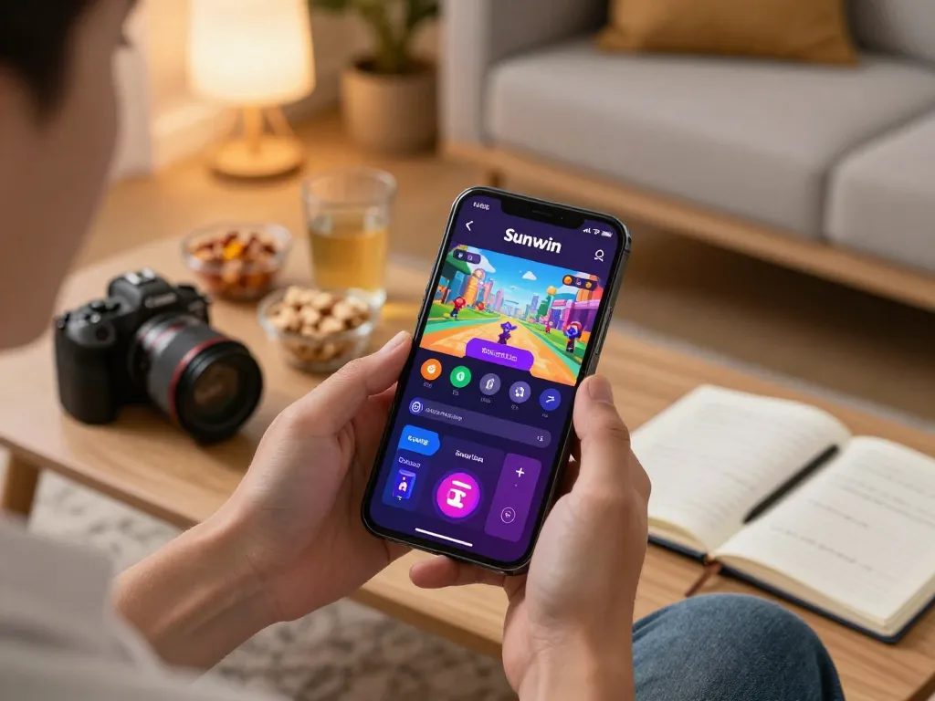 Player enjoying sports betting on Sunwin app in cozy home setup with vibrant colors and snacks.