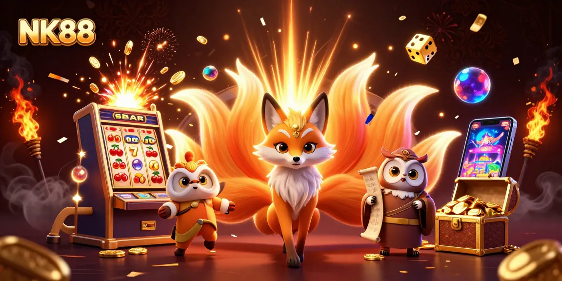 NK88 offers an engaging experience with a vibrant fox spirit and wise owl amidst a jackpot explosion