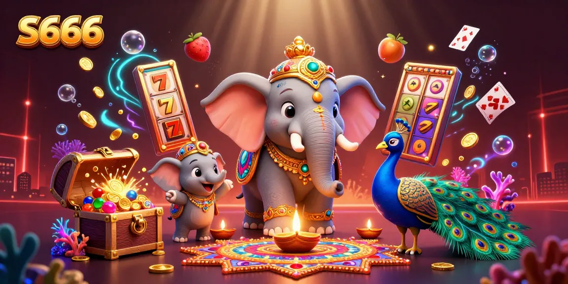 Experience thrilling gameplay with S666's colorful slots and festive elements in this vibrant casino illustration.