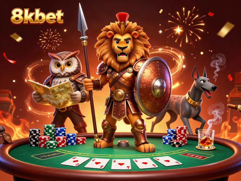 8xbet captures an epic showdown with a Spartan lion, owl strategist, and greyhound messenger at a poker table.
