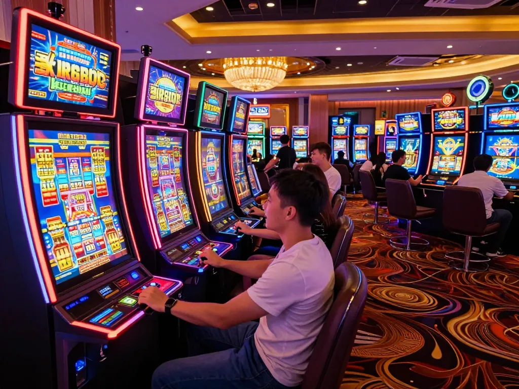 Players enjoying vibrant slot machines offering thrilling gameplay at MM88PC casino.
