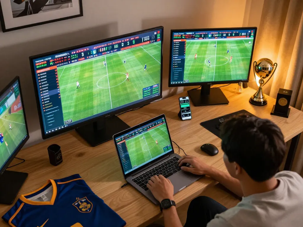 Engaged bettor analyzing live odds on keonhacaii88's sports betting platform during a major game.