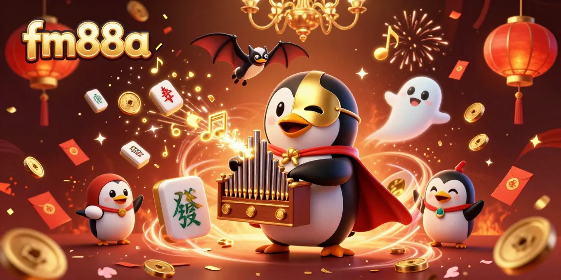 Experience the vibrant fun of fm88a with a 3D penguin playing a golden pipe organ amidst a celebration of gaming.