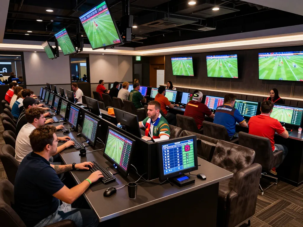 Engaging experience at nhandinhkeonhacai sports betting lounge, with bettors analyzing live odds.