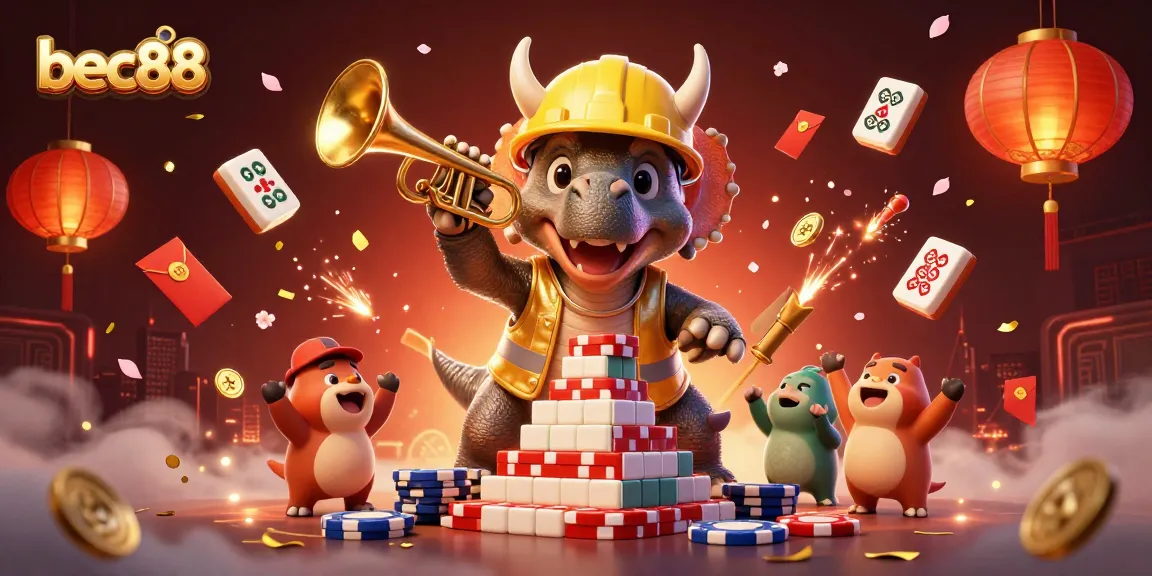 Bec88 celebrates gaming excitement with a vibrant 3D scene featuring a triceratops, poker chips, and cheerful characters.
