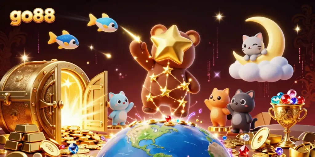 Engage with go88 through a dazzling 3D scene filled with treasure, stars, and dynamic characters celebrating gaming.