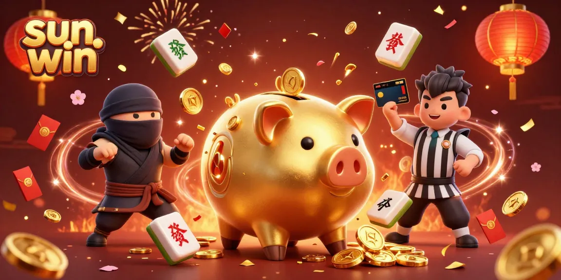 Playing thrilling games at sun win, featuring a dynamic 3D illustration of a sumo wrestler and samurai amidst Chinese festive elements.