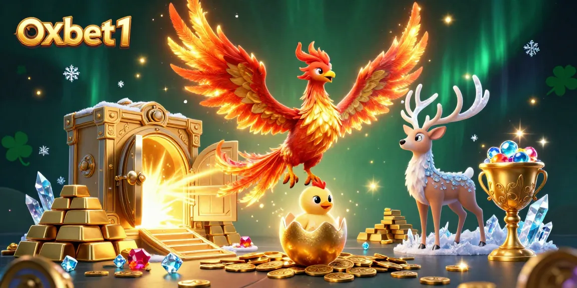 Experience the thrill of oxbet1 with a vibrant 3D illustration featuring a phoenix and treasures.