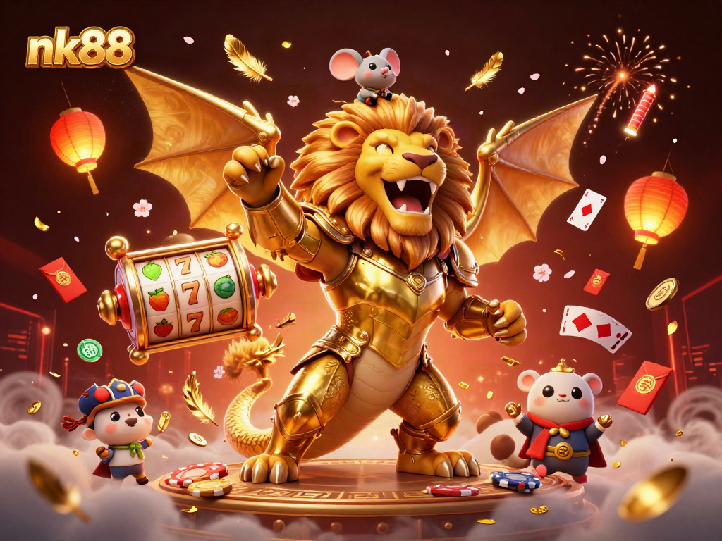 Experience the thrill of nk88 with a triumphant chimera and vibrant casino elements featured in this captivating illustration.