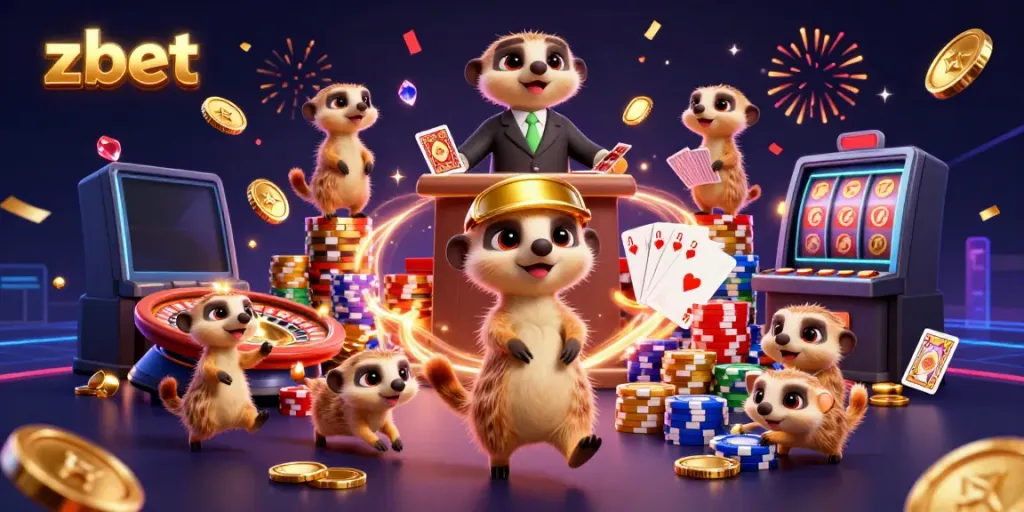 Engaging meerkats run a vibrant casino, highlighting zbet's exciting games with colorful elements.
