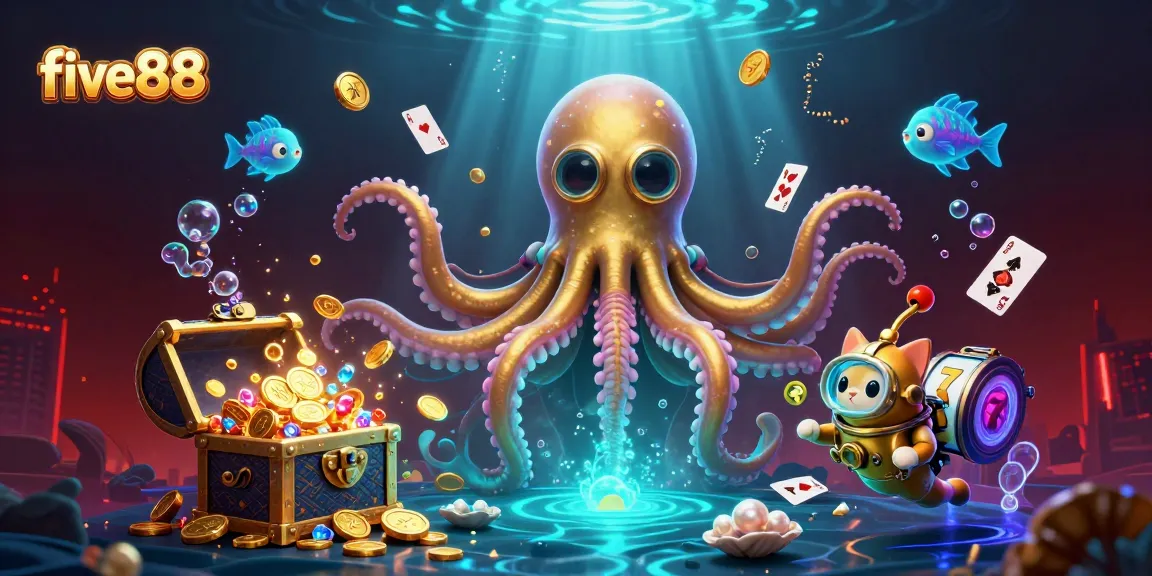 Experience the excitement of five88 with a kraken and casino elements in a vibrant underwater scene.