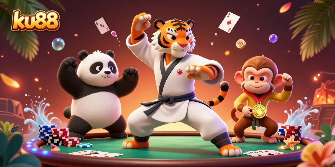 Engage with ku88's vibrant casino scene, showcasing poker action and animated characters.