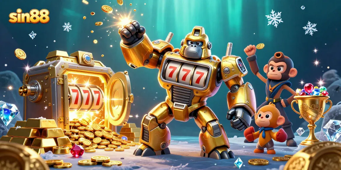 Experience the thrill of sin88 with a vibrant casino mech illustration filled with slot machine excitement.
