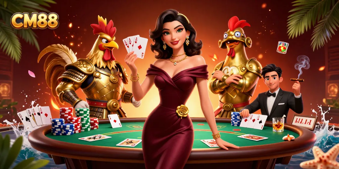 Experience the thrill of CM88 casino gaming with glamorous characters and vibrant poker elements.