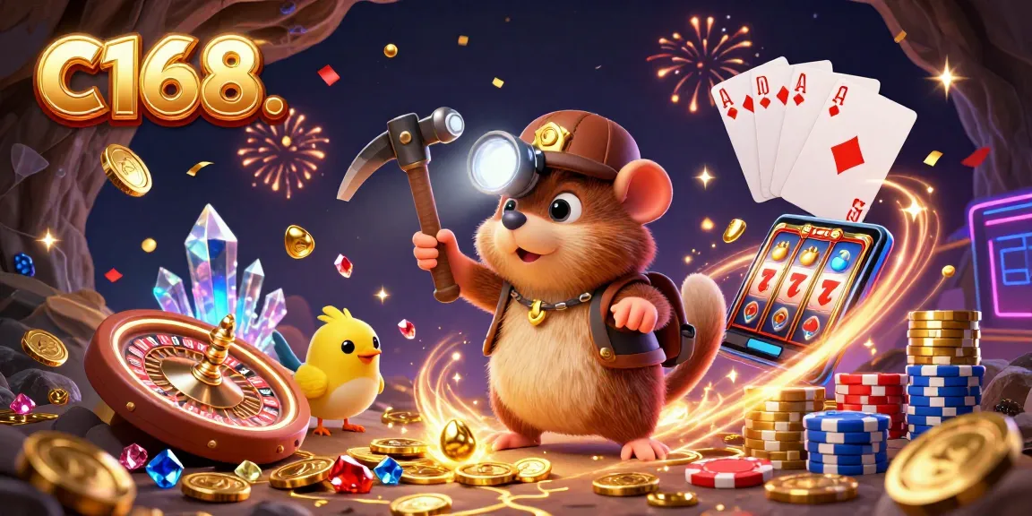 C168 players enjoy vibrant casino fun, with the lucky mole mining treasures among golden coins and gemstones.