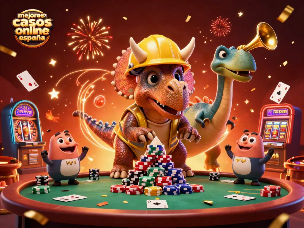 Accede a los mejores casinos online España jugando con manos de cartas y fichas en un entorno animado.