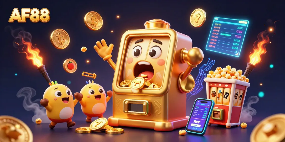 Play AF88's thrilling jackpot slots with animated golden machines and vibrant crypto elements.