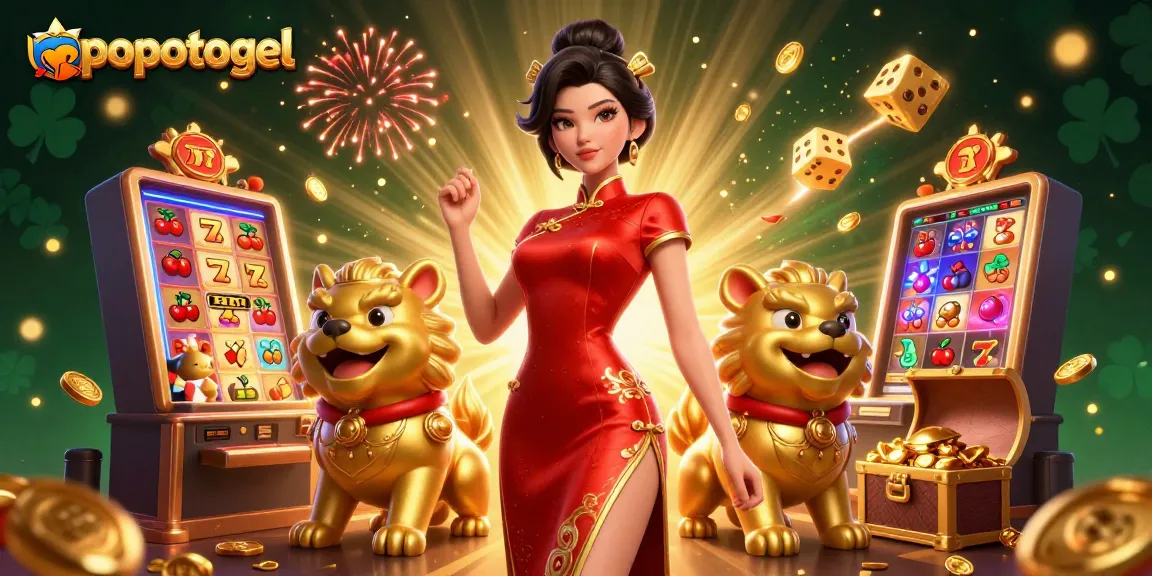 Experience the excitement of popotogel with a glamorous Asian character amidst a jackpot explosion and vibrant casino elements.