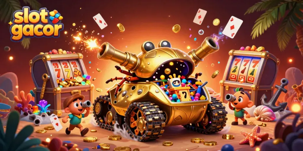 Experience the excitement of slot gacor in this vibrant casino scene with a golden beetle tank.