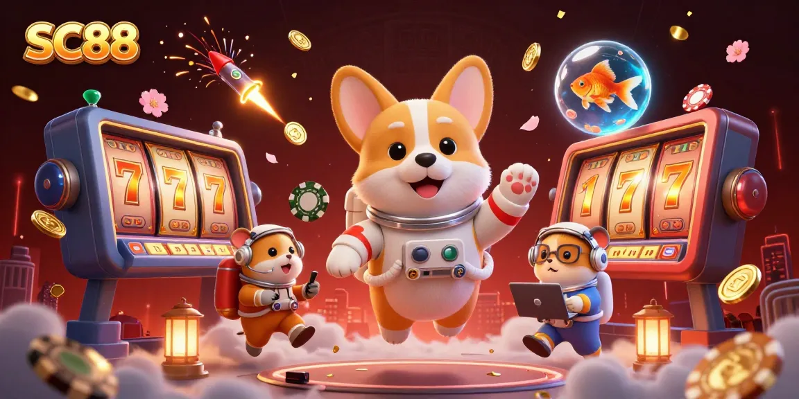Experience the thrilling atmosphere of SC88 casino with a playful astronaut corgi and vibrant casino elements.