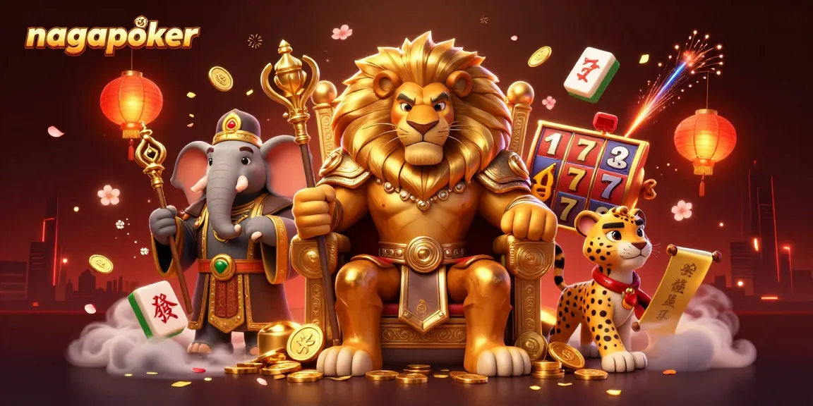 Experience thrill with nagapoker as a fierce lion king oversees a bustling casino scene.