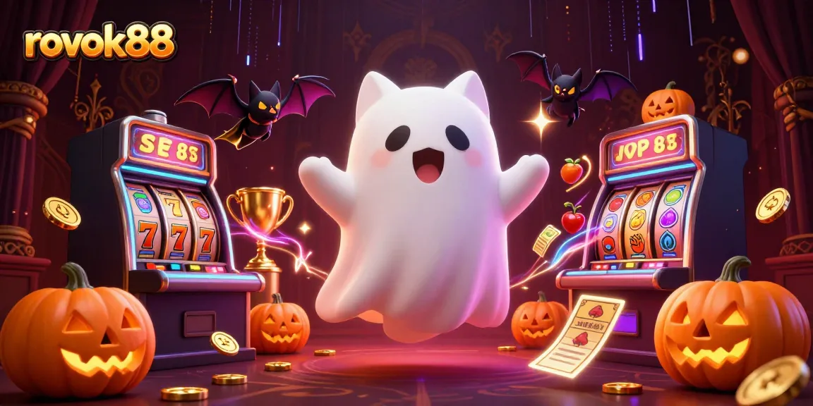 Spin the reels with rokok88, featuring a ghost cat and vampire bat in a lively casino.