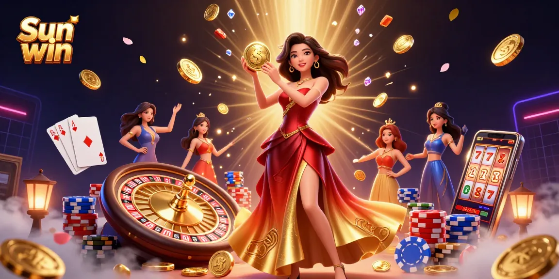 Engage with the exhilarating Sun win experience, celebrating fortune with cascading coins and a stunning character in a vibrant casino scene.