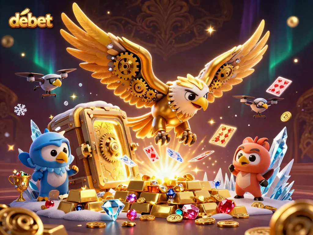 Experience the thrill of debet casino with golden treasures and holographic cards flying around.