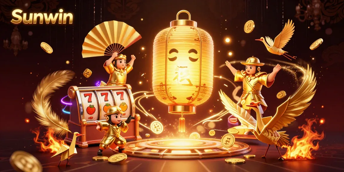 Experience the excitement of Sunwin casino with a vibrant 3D illustration showcasing golden lanterns and slot reels.