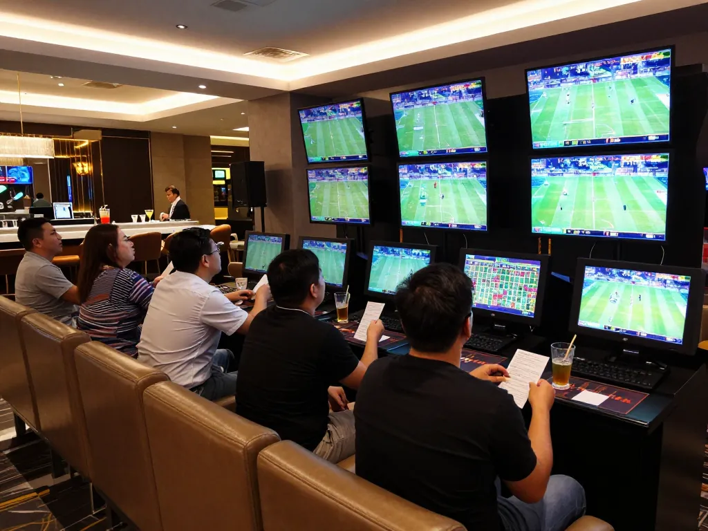 Excited bettors placing wagers at the abc8go sports lounge with live screens.