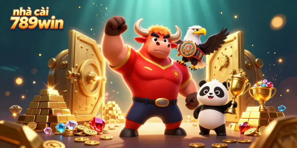 Engage with the colorful world of nhà cái 789win, showcasing vibrant characters and golden gaming treasures.