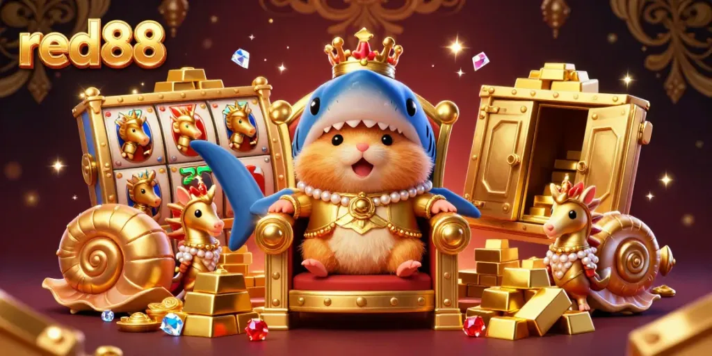Experience the exciting world of red88 with vibrant gems, golden treasures, and a fierce hamster king in a casino setting.
