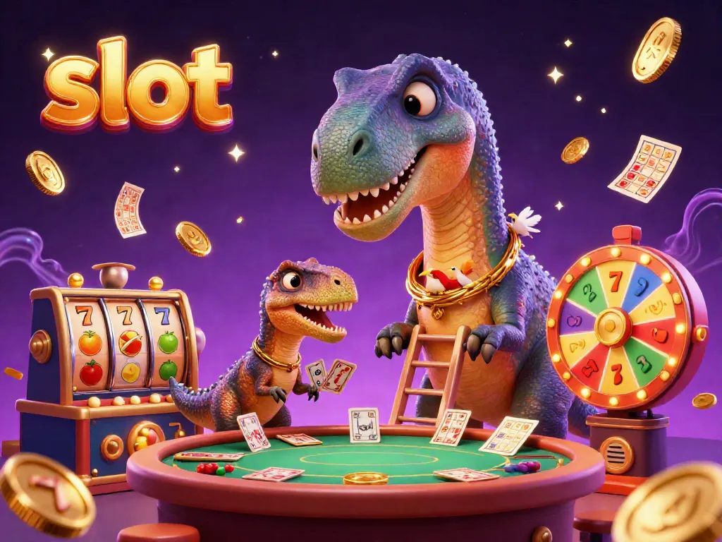 Engaging scene of a brontosaurus and clever raptor dealing cards at a vibrant casino slot table.