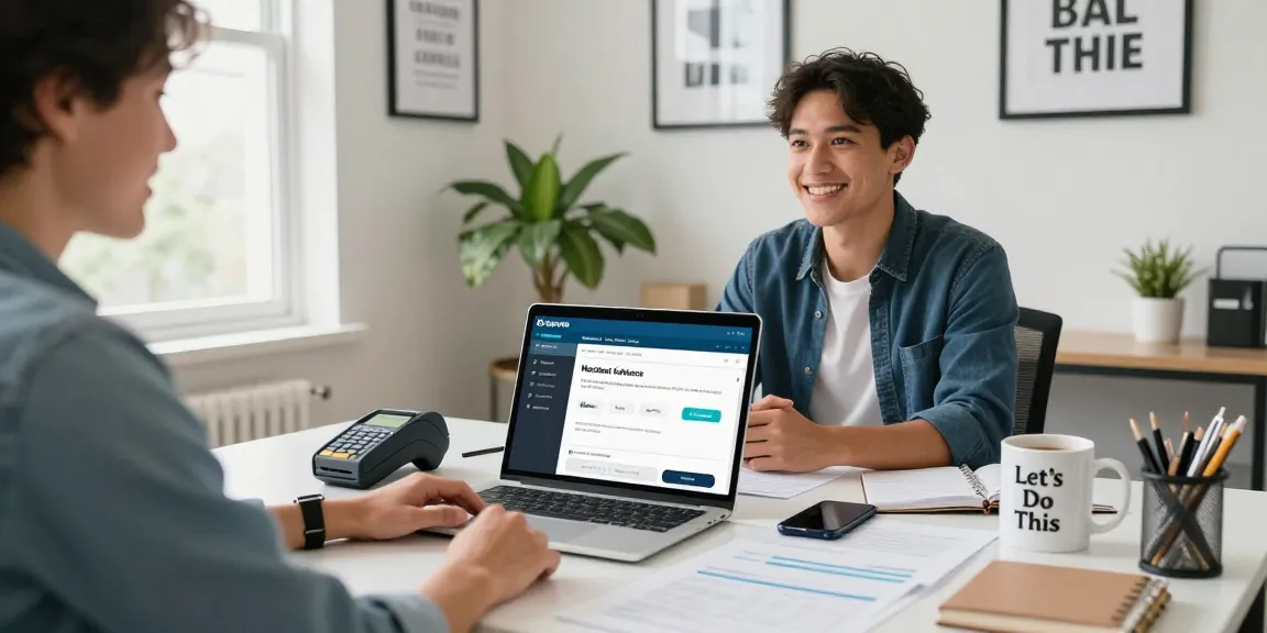 Entrepreneur exploring Square merchant cash advance options at a modern office desk.