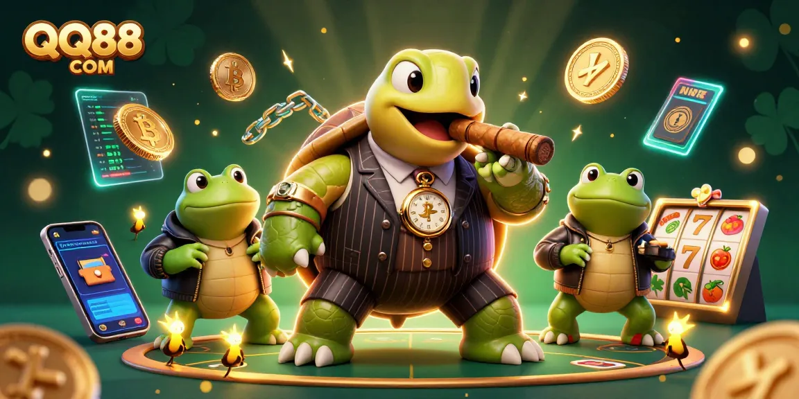 Engage with QQ88 COM for vibrant casino thrills featuring 3D turtle mobster, bullfrogs, and dynamic slot elements.