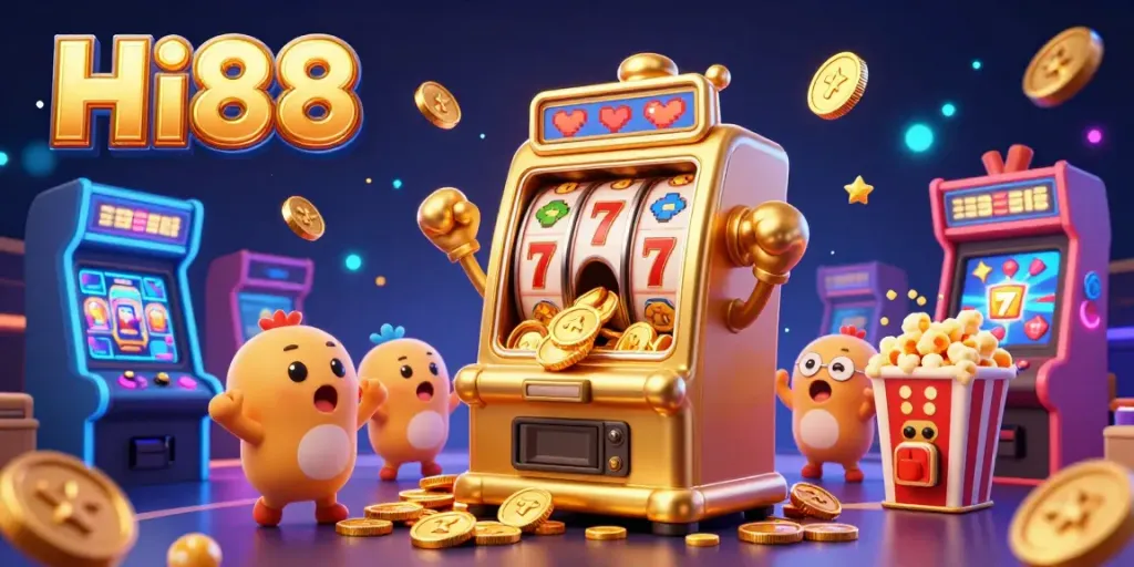 Hi88's lively golden slot machine hitting a jackpot, surrounded by cheering machines, showcasing thrilling casino excitement.