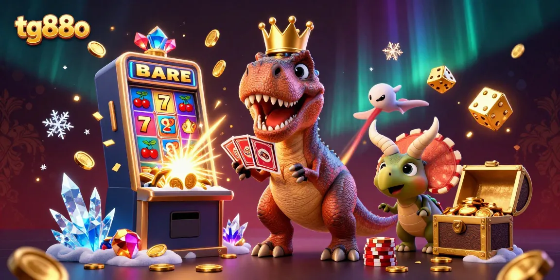 Engage in thrilling games at tg88o with a T-Rex shuffling cards and a jackpot explosion backdrop.
