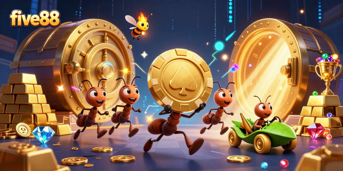 Engaging five88 illustration of ants stealing a golden poker chip in a vibrant casino heist