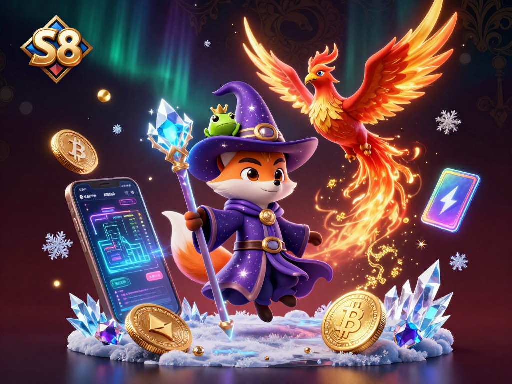Experience thrilling moments at S8 with a magical wizard and phoenix amidst crypto elements.