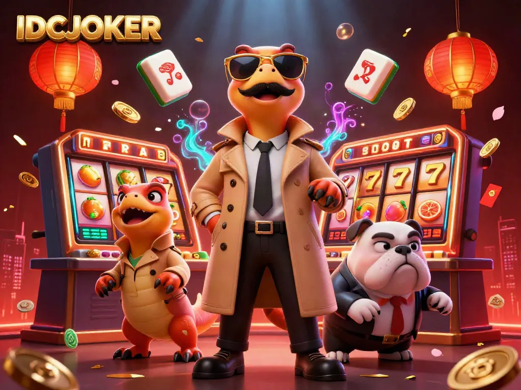 Experience immersive gaming at IDCJOKER with raptors and a bulldog bouncer in a vibrant casino scene.