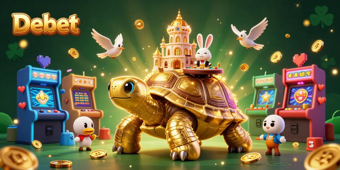 Debet casino illustration with a golden tortoise, rabbit dealer, and vibrant gaming elements.