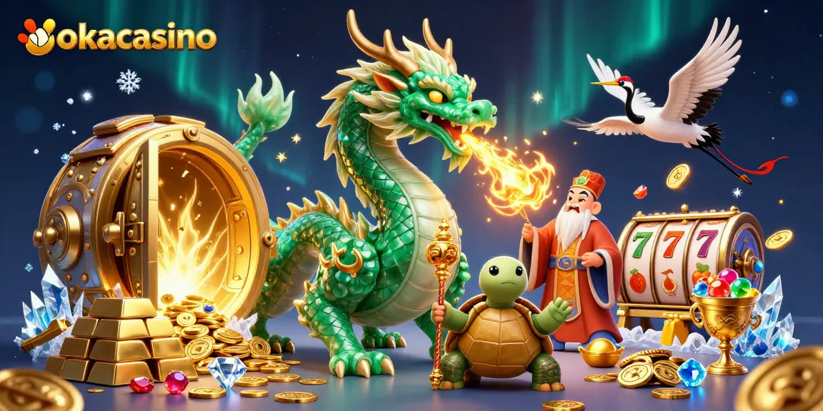 Engage in the thrilling world of jokacasino with a majestic dragon, fortune treasures, and vibrant symbols.