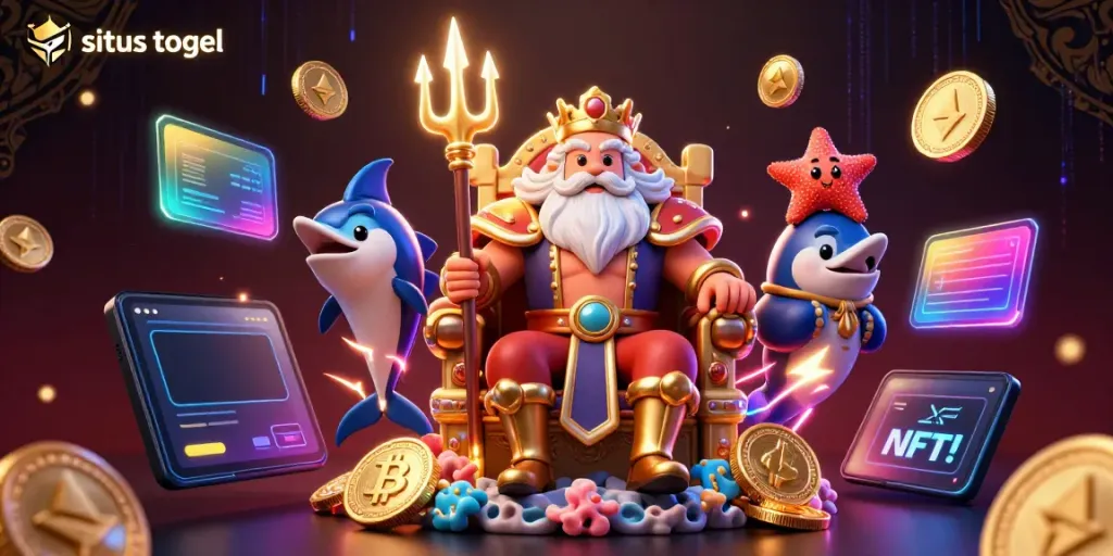 Situs togel themed 3D illustration featuring mystical characters and crypto elements, engaging players in vibrant gameplay.